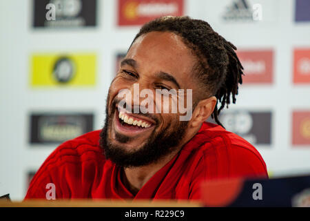 Cardiff, Galles. 13 Novembre, 2018. In Galles il capitano Ashley Williams le facce dei media in vista del match contro la Danimarca in UEFA la lega delle nazioni. Lewis Mitchell/YCPD. Credito: Lewis Mitchell/Alamy Live News Foto Stock