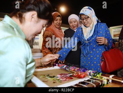 Bandar Seri Begawan, Brunei. Xv Nov, 2018. I visitatori osservano cinese opere di ricamo durante la splendida capitoli della Via della Seta culture esposizione in Bandar Seri Begawan, Brunei, su nov. 15, 2018. Una serie di iniziative di carattere culturale lo scambio di attività tra cui mostre e seminari si sono tenuti in Brunei il capitale Bandar Seri Begawan giovedì per incrementare la cooperazione China-Brunei. Credito: Wang shen/Xinhua/Alamy Live News Foto Stock