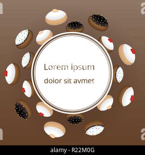 Carino appartamento cartoon il modello di pagina con etichetta con molti cinds di ciambelle , ciambella gustosa gelatina dolce ciambella hanukkah simbolo gelatina di lamponi , chocola Illustrazione Vettoriale
