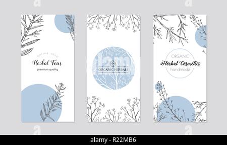 Volantini con la guarigione di piante di erbe vettore. Set di schede o copertine per prodotti cosmetici e prodotti per la dermocosmesi. Illustrazione Vettoriale