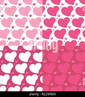 Cuori seamless schemi impostati quattro schemi impostati per il profondo colore rosa e bianco colori , per il web e print design piatto catroon cuori creatività romantica testo Illustrazione Vettoriale