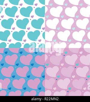 Cuori seamless schemi impostati quattro schemi impostati per viola e rosa bianco blu colori , per il web e print design catroon cuori piana romana creative Illustrazione Vettoriale