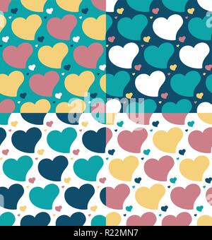 Cuori seamless schemi impostati quattro schemi impostati per viola profondo blu,verde, azzurro, giallo e bianco colori , per il web e print design catroon fla Illustrazione Vettoriale