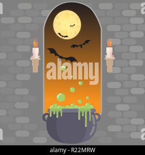 Finestra medievale in castello. Happy helloween card, illustrazione vettoriale con candele e con la luna piena, pipistrelli e strega pot.Autunno notte illustrazione vettoriale Illustrazione Vettoriale