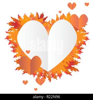 Foglie di autunno cuore etichetta ,con la caduta di foglie telaio circolare per la stampa e il web Vendita banner e poster blank illustrazione vettoriale , romantico di carta artigianale Illustrazione Vettoriale