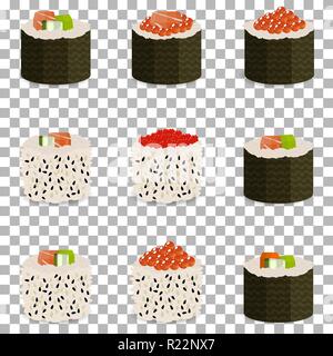 Set di 9 fette di rotoli di sushi su sfondo trasparente, tradizionale cibo asiatico. Ricette classiche per il menu del ristorante, siti web di consegna, in vista isometrica vi Illustrazione Vettoriale