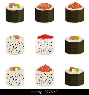 Set di 9 fette di rotoli di sushi, tradizionale cibo asiatico. Ricette classiche per il menu del ristorante, siti web di consegna, in vista isometrica. Illustrazione Vettoriale