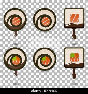 Set di 6 fette di sushi rotoli logotipi, tradizionale cibo asiatico. Ricette classiche per il menu del ristorante, siti web di consegna. sfondo trasparente, resizab Illustrazione Vettoriale