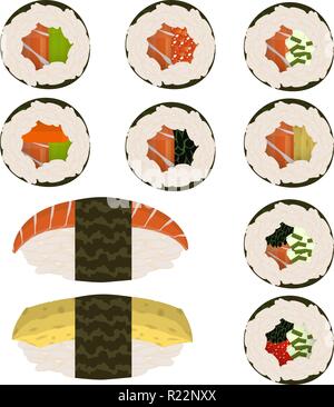 Set di 10 fette di rotoli di sushi e nigeri, tradizionale cibo asiatico. Ricette classiche per il menu del ristorante, siti web di consegna. Illustrazione Vettoriale