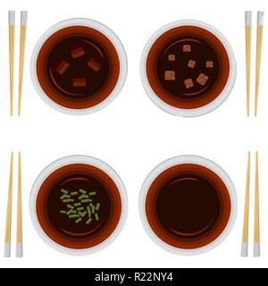 Insieme di variazioni di porzione di zuppa di miso con bacchette e sushi rotoli. Illustrazione Vettoriale