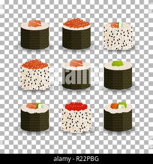 Set di 9 fette di rotoli di sushi su sfondo trasparente, tradizionale cibo asiatico. Ricette classiche per il menu del ristorante, siti web di consegna, in vista isometrica Illustrazione Vettoriale
