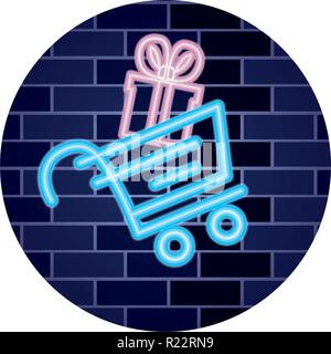 Carrello di shopping in linea e dono di parete al neon illustrazione vettoriale Illustrazione Vettoriale