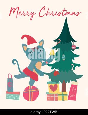 Scheda di Natale, carino fox sulla confezione regalo con struttura ad albero Illustrazione Vettoriale