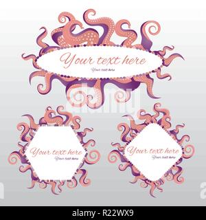 Set di tentacoli cornice intorno le etichette con color rosa corallo, oceano motivo piatto illustrazione dei cartoni animati per il web e la stampa, grazioso decor. Illustrazione Vettoriale