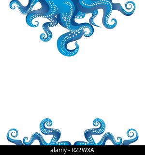 I tentacoli di un polipo blu e telaio bianco, oceano motive flat Cartoon carino illustrazione per il web e la stampa, grazioso decor. Illustrazione Vettoriale