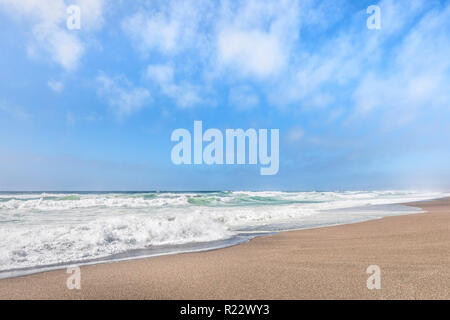 Dolci onde si infrangono su di una spiaggia di sabbia in un nuvoloso Cielo di estate blu lungo la California's Point Reyes National Seashore. Foto Stock