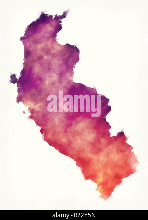 Regione di Ica Mappa acquerello del Perù di fronte a uno sfondo bianco Foto Stock