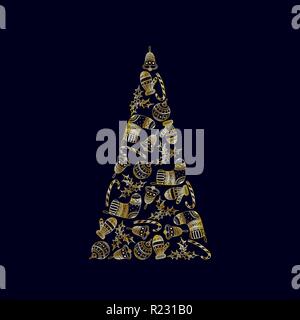 Vector decorativo albero di Natale da golden simboli di Natale su sfondo scuro - candy cane, albero palla, mitten, calza, agrifoglio, campana di natale Illustrazione Vettoriale