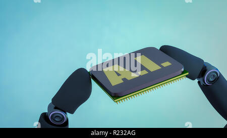 Un robot può contenere un intelligenza artificiale chip in mano (3d rendering) Foto Stock