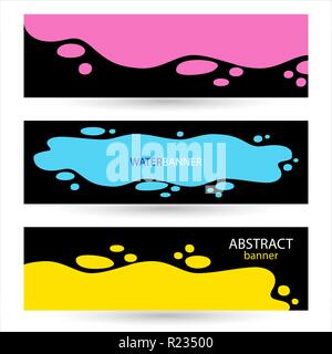 Impostare brillante banner astratta. Una pozza di acqua con gocce su entrambi i lati. Si versa il giallo e il rosso e vernice spray intorno su sfondo nero. Illustrazione Vettoriale. Illustrazione Vettoriale