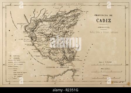 Mapa de la provincia de Cádiz. Crónica General de España, Historia Ilustrada y Descriptiva de sus Provincias. Andalucía, 1867. Biblioteca Histórico Militar de Barcelona, Cataluña, España. Foto Stock