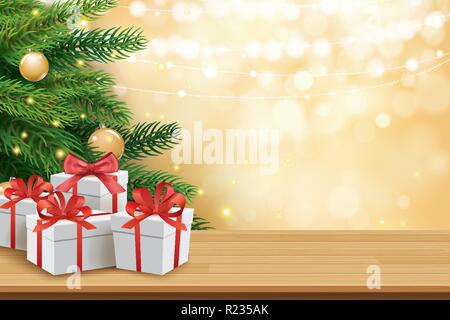 Natale biglietto di auguri con doni caselle sul tavolo di legno e albero bokeh sfondo. Natale e felice anno nuovo. Illustrazione Vettoriale