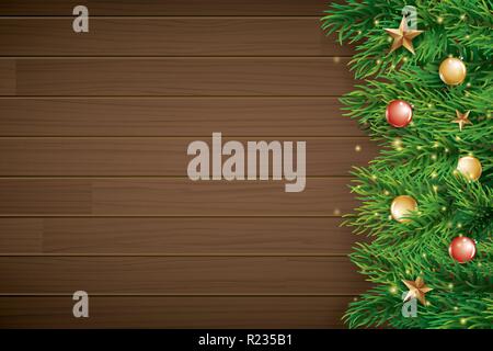 Natale con ramo di abete in legno marrone dello sfondo. Illustrazione Vettoriale vista superiore e copia spazio per il testo. Utilizzare per il biglietto di auguri, banner, coperchio del nastro. Illustrazione Vettoriale