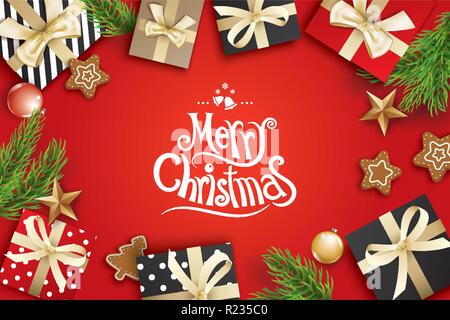 Merry Christmas greeting card telaio su sfondo rosso. Illustrazione Vettoriale decorazione con rami di abete e di dono. Utilizzare per banner e poster. Illustrazione Vettoriale