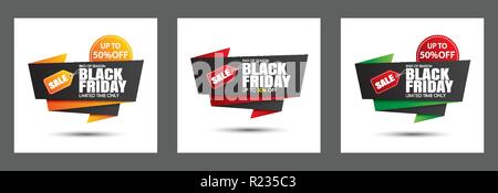 Set di venerdì nero vendita modello di pagina di intestazione isolati su sfondo bianco. Utilizzare per creare poster, shopping, promozione, pubblicità. Illustrazione Vettoriale
