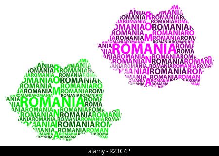 Schizzo della Romania testo lettera mappa, Romania - nella forma del continente, Mappa Romania - verde e viola illustrazione vettoriale Illustrazione Vettoriale