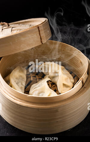 Canederli o gyoza serviti nel tradizionale sistema di cottura a vapore su sfondo nero. Foto Stock