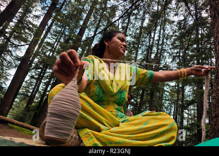 India, Himachal Pradesh, Manali, 13/08/2010: donna indiana tesse una sfera di filato seduta su una panchina ai piedi di un albero Foto Stock