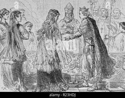 Il matrimonio di Enrico I di Inghilterra (1068-1135) alla principessa (Eadgyth) Matilde di Scozia. Incisione c1880. Foto Stock