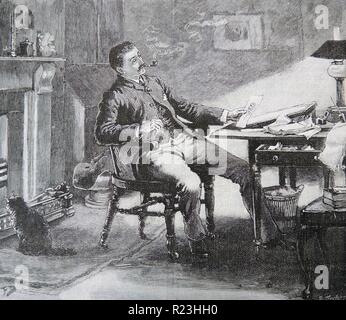 Uomo di fumare un tubo come egli si siede a un tavolo con la schiena al fuoco, la scrittura di pendenza alla sua sinistra. Un gatto di casa si siede sul hearthrug godendo il calore del fuoco. Rivista illustrazione di Frank Dadd (1851-1929), Londra, 1890. Foto Stock
