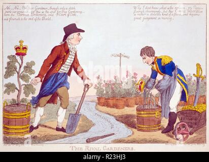 Il rivale giardinieri. Il re George III d'Inghilterra e Napoleone mi tendono ai loro rispettivi impianti su lati opposti di un flusso etichettato "canale". un randello contrassegnati 'British Oak' galleggianti verso il basso. Foto Stock