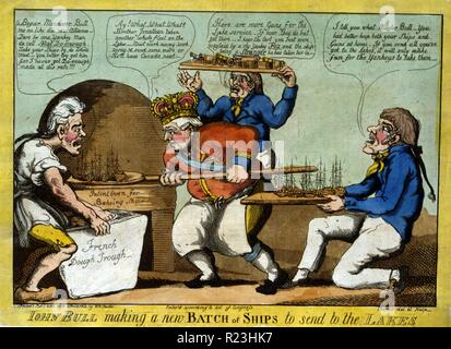 John Bull la realizzazione di un nuovo lotto di navi per inviare ai laghi. Una satira del British sforzi per recuperare dopo grandi perdite navali sui Grandi Laghi nel 1813 e 1814. Secondo Lanmon, è basato su Thomas Rowlandson's 1798 satira 'alta per il divertimento di John Bull o i repubblicani hanno messo al loro ultimo turno." Foto Stock