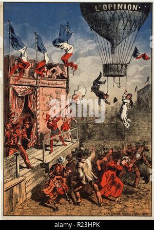 L'opinione. Divertente stampa mostra un attore teatrale su un palcoscenico all'aperto di scatto a un palloncino, etichettato 'L'opinione,' come un uomo balza fuori dal cesto e una donna si aggrappa a una corda al di sotto del cestello. I membri della band e un altro attore sono sconvolta dalla performer azioni, in quanto sono diversi i membri del pubblico che fuggono. Tra il 1870 e il 1900 Foto Stock