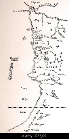 La costa di Africa, dopo Tolomeo (Mercator della edizione). Questa mappa mostra la misura di Annone il viaggio da le Colonne d'Ercole, passato l'equatore, a quello che ora è chiamato Sierra Leone. Foto Stock