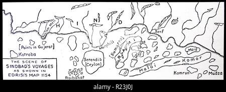 La scena di Sinbad di viaggi come mostrato in Edrisi mappa del 1154. Il romanticismo di 'Sinbad il marinaio' è davvero una storia vera di arabi avventure in mare durante il nono e il decimo secolo, messo in un ambiente romantico e attribuita a un solo uomo. Foto Stock