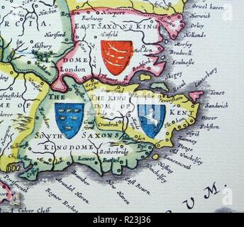 Le protezioni del Sussex, Kent e Essex dal Heptarchy; un nome collettivo applicata ai Regni anglosassoni del sud, est e Inghilterra centrale durante la tarda antichità e primo medioevo, dettaglio da un antico mappa della Gran Bretagna, dal cartografo olandese Willem Blaeu in Atlas Novus (Amsterdam 1635) Foto Stock