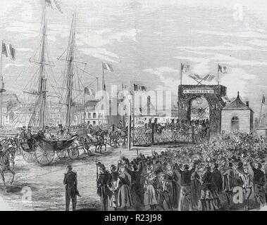 Illustrazione raffigurante l'entrata di una imperatrice in Dieppe, una comunità costiere nel dipartimento Seine-Maritime nella regione di Haute-Normandie della Francia settentrionale. 1850 Foto Stock