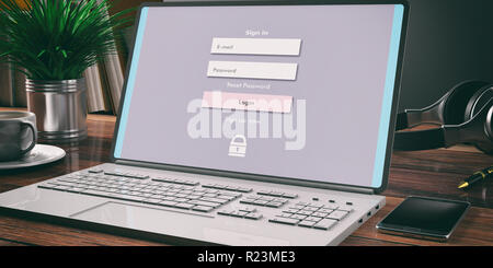 Effettuare il login su un computer allo schermo del laptop, scrivania in legno, home office background. Internet security concetto. 3d illustrazione Foto Stock