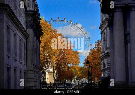 London Eye / Millennium Wheel visto da dentro Downing Street, Londra, Inghilterra, Regno Unito. Foto Stock