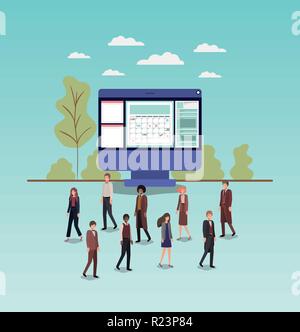 Mini persone che lavorano nel computer desktop Illustrazione Vettoriale