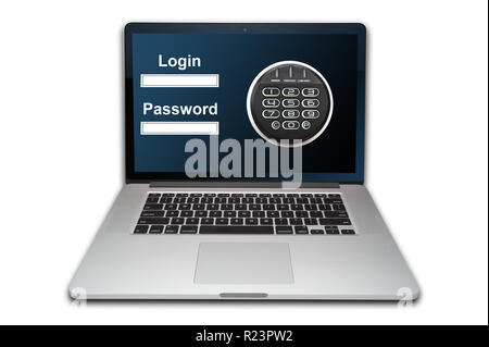 Il cloud computing internet security concept laptop con serratura a combinazione isolata su sfondo bianco Foto Stock