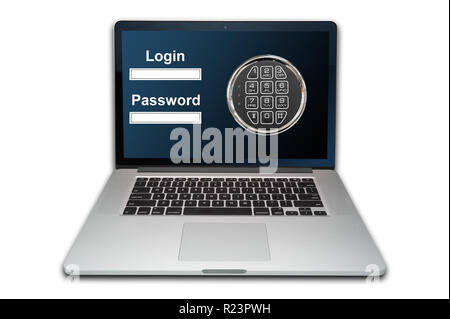 Il cloud computing internet security concept laptop con serratura a combinazione isolata su sfondo bianco Foto Stock