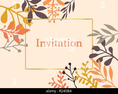 Invito carta con disegnati a mano autunno cadono le foglie. Illustrazione Vettoriale. Stagione di scritte illustrazione. Invitare. Di lamina di oro accenti. Per volantini, poster, striscioni, stampe, vard, saluto, party, celebrazione Illustrazione Vettoriale