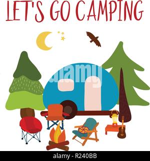 Andiamo camping Travel illustrazione vettoriale - campeggio estivo. Blue camping van con il fuoco, sedie e chitarra. Bosco Avventura. Camp scena notturna. Per le carte di pagamento, poster, pubblicità, decor. Illustrazione Vettoriale