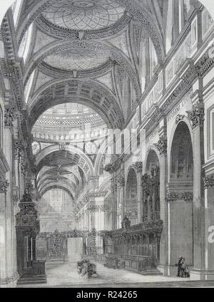 Incisione raffigurante l'interno della Cattedrale di San Paolo, mostrando il transetto orientale in primo piano. Datata 1860 Foto Stock