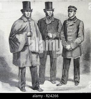 Incisione raffigurante il nuovo uniformi del personale postale e il generale Post Office. Da sinistra a destra: vettore lettera, Mail Guard e Driver. Datata 1860 Foto Stock